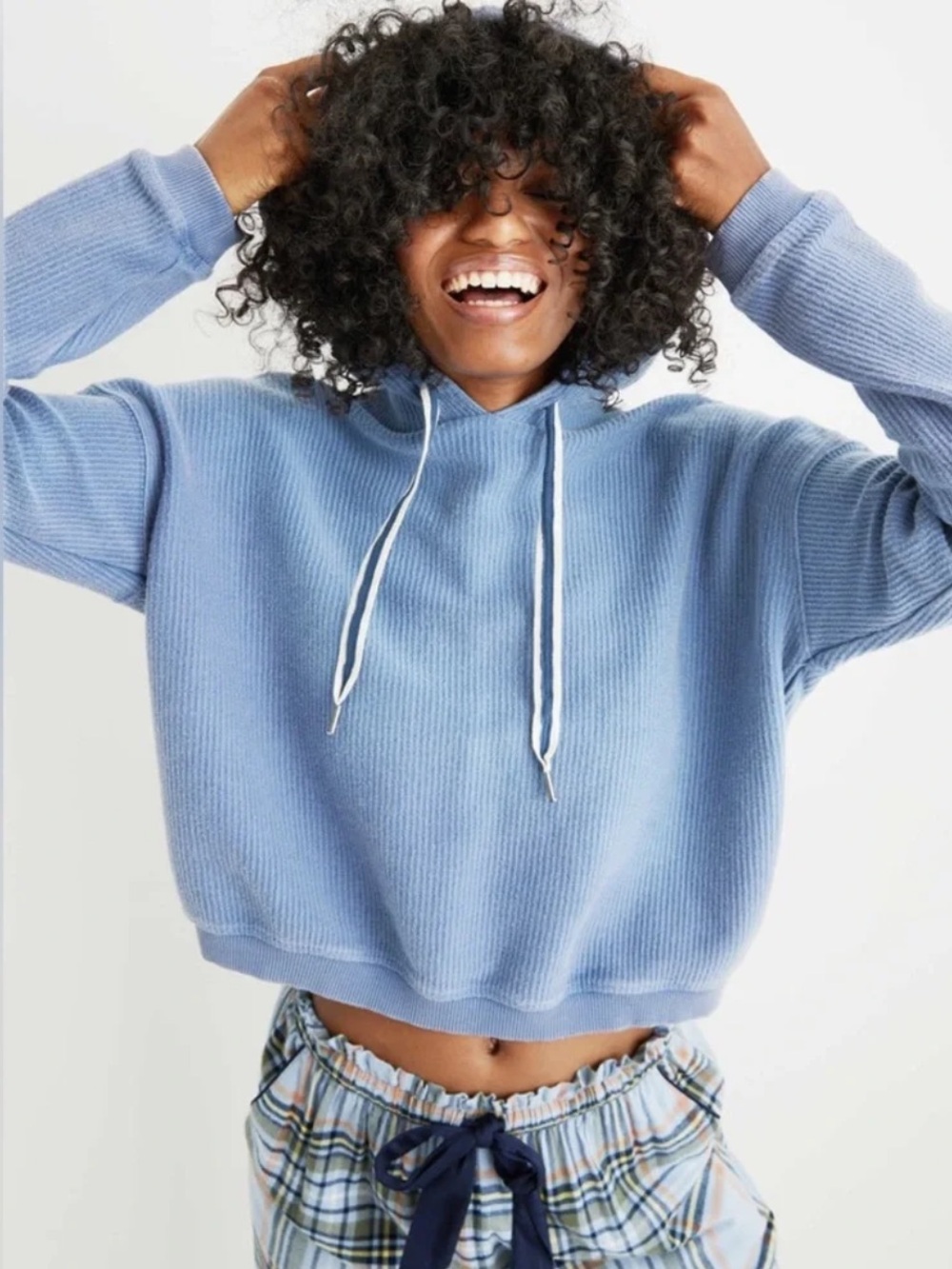 aerie New Love Ribbed Cropped Hoodie Sweater - Light Dusty Blue - Small